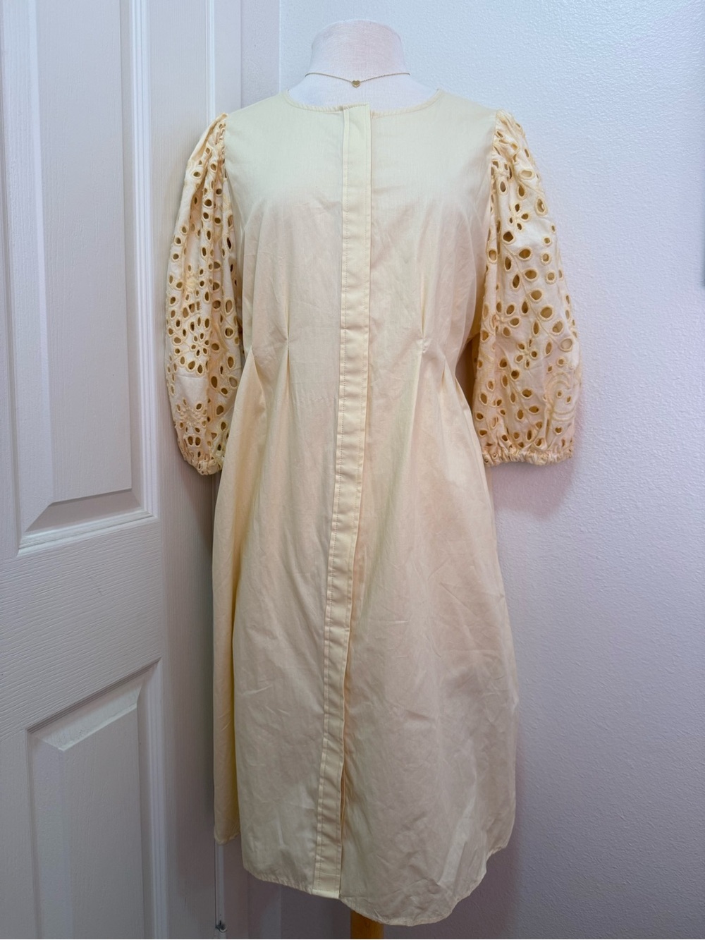 H&M Pale Yellow Eyelet Puff-Sleeve Midi Dress